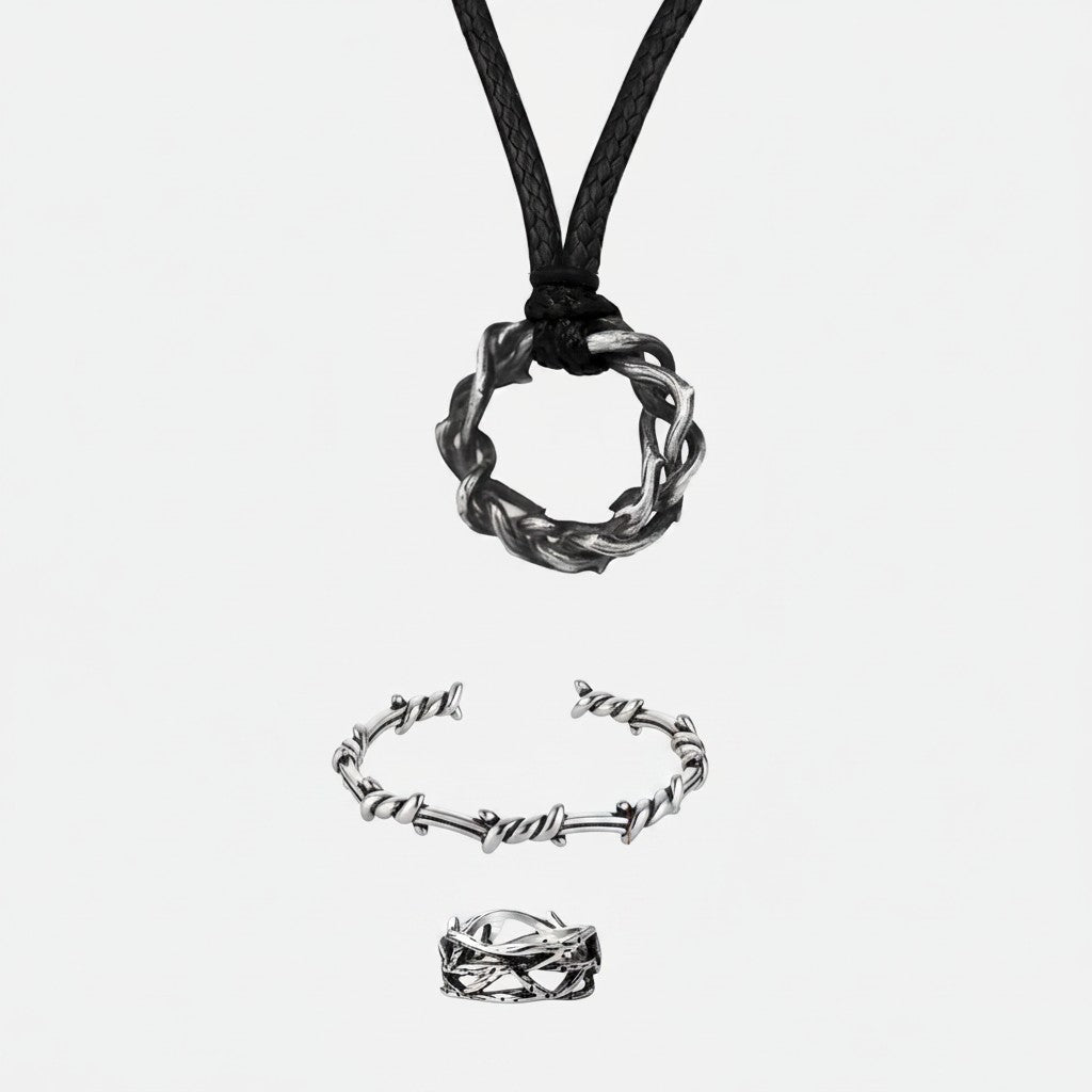 Championofgod Crown of Thorns gift set includes a silver-tone barbed wire-style necklace, bracelet, and ring.