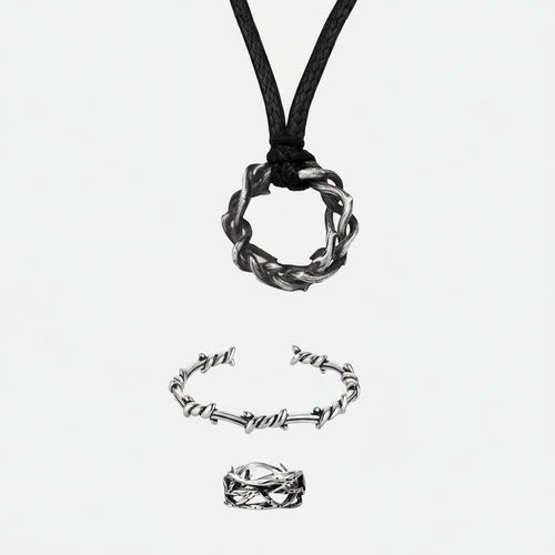 Championofgod Crown of Thorns gift set includes a silver-tone barbed wire-style necklace, bracelet, and ring.