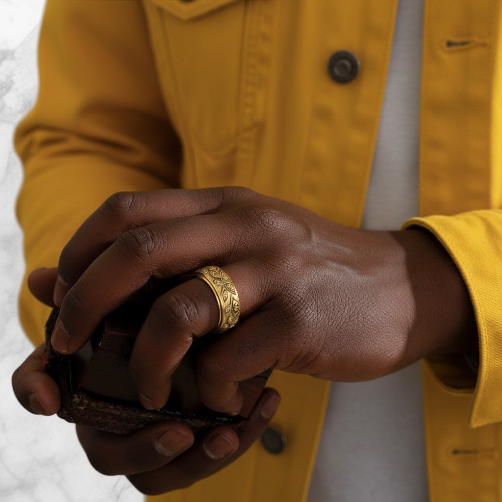 ChampionofGod Fear Not Ring, a gold-tone band with intricate embossed scrollwork and eye-like motifs.