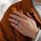 Championofgod Fear Not Ring, a silver band with an intricate geometric pattern of eyes and diamonds.