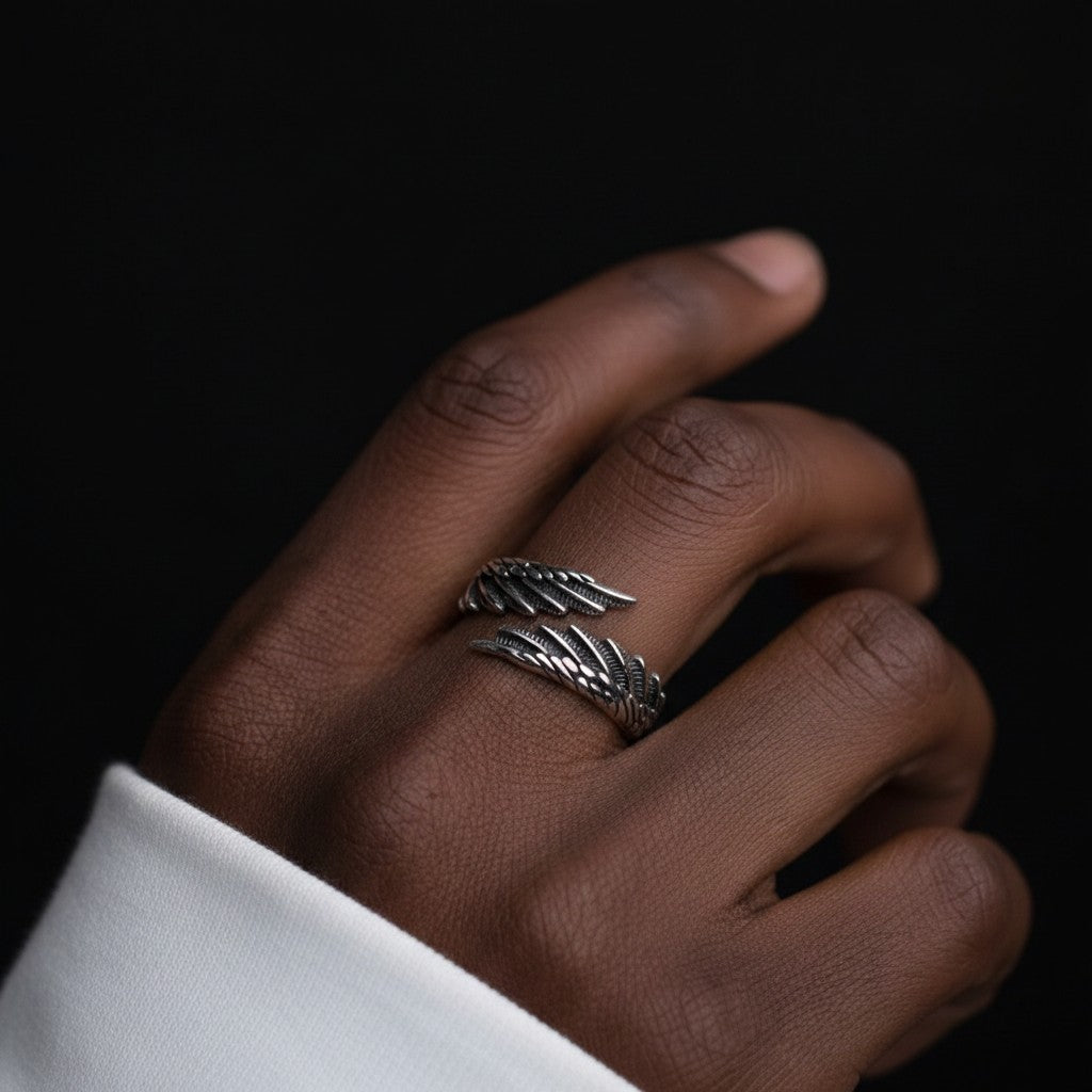 Championofgod Gabriel wing ring for men and women, silver-tone metal, adjustable.
