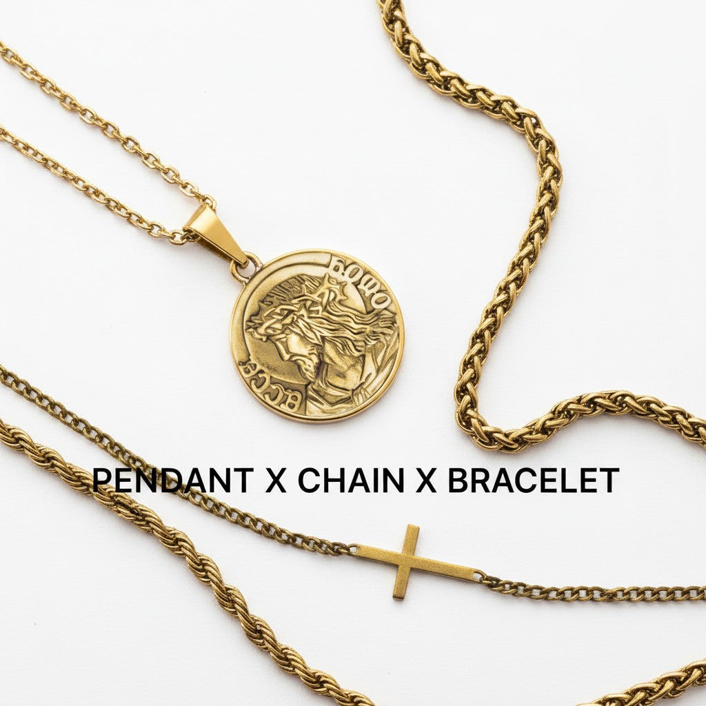 championofgod gold pendant necklace with Jesus Christ design and matching chain and cross bracelet