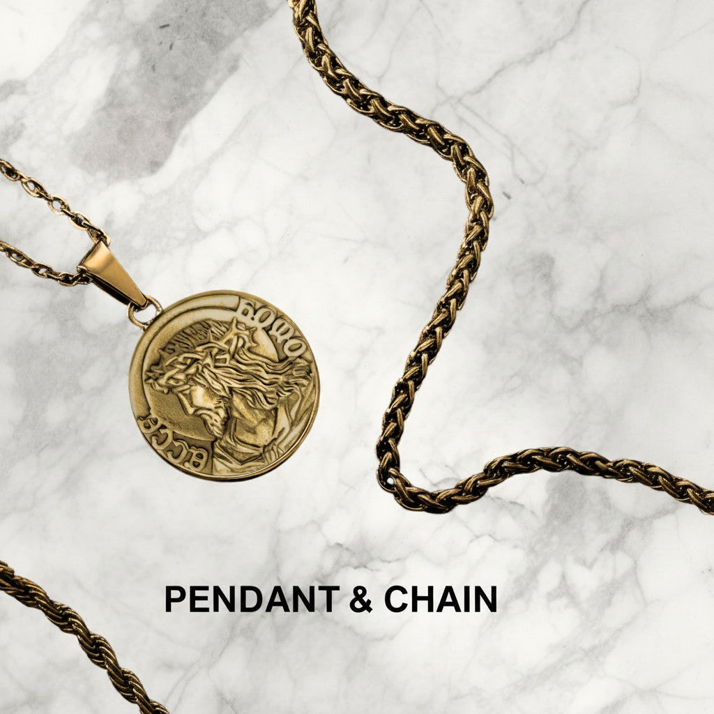 championofgod gold coin pendant necklace with intricate detailing and a rope chain.