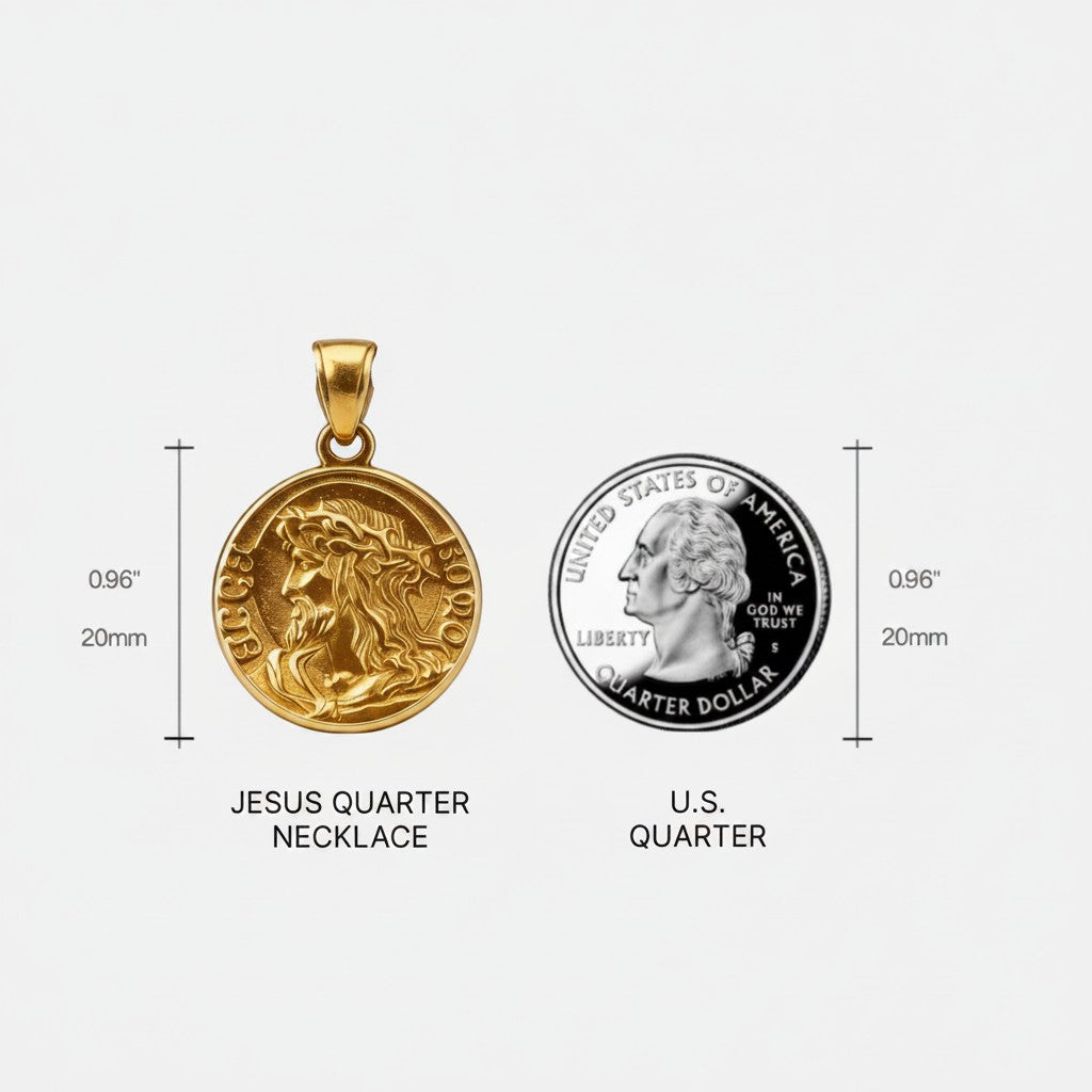 championofgod gold Jesus quarter necklace pendant, 20mm diameter, detailed profile of Jesus.