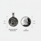 Championofgod Jesus quarter necklace pendant with detailed profile of Jesus and a U.S. quarter for size comparison.