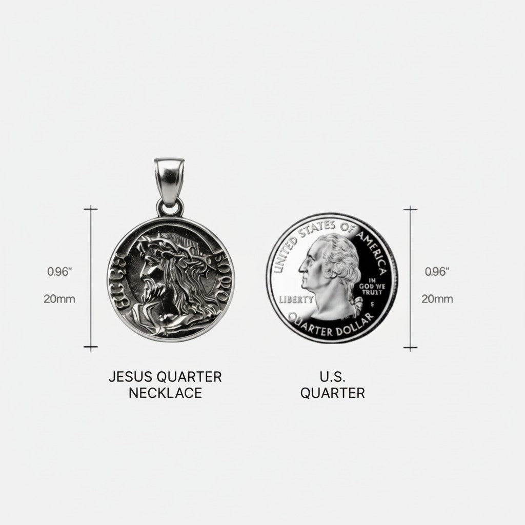 Championofgod Jesus quarter necklace pendant with detailed profile of Jesus and a U.S. quarter for size comparison.