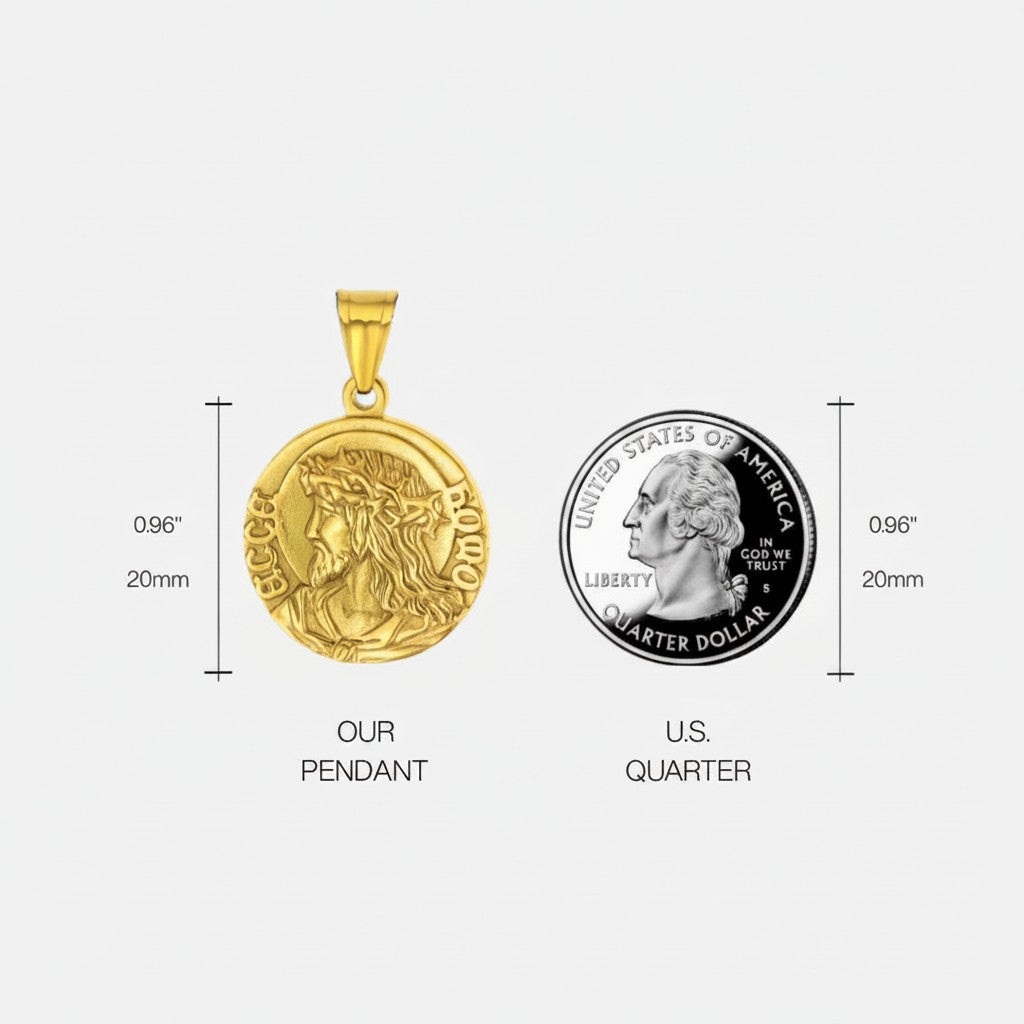 Championofgod Jesus quarter necklace pendant, gold-tone metal, 0.96" diameter, detailed profile of Jesus with crown of thorns.