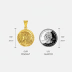 Championofgod Jesus quarter necklace pendant, gold-tone metal, 0.96" diameter, detailed profile of Jesus with crown of thorns.