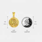 Champion of God gold pendant featuring Jesus Christ with a crown of thorns, compared to a U.S. quarter.