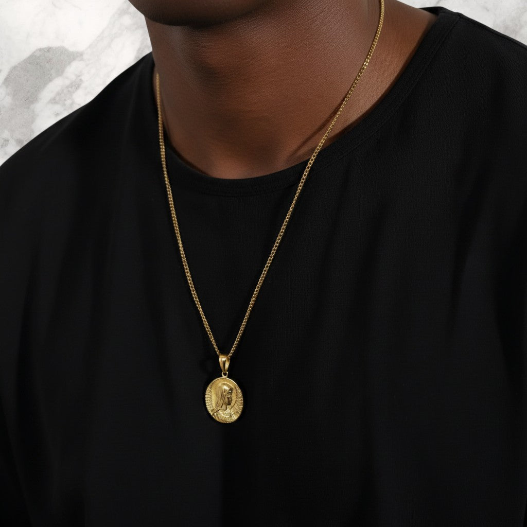 Championofgod gold tone necklace with a circular pendant featuring a profile of the Mother of God.