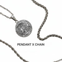 championofgod silver pendant necklace with Jesus Christ design and wheat chain