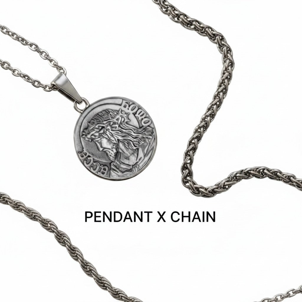 championofgod silver pendant necklace with Jesus Christ design and wheat chain