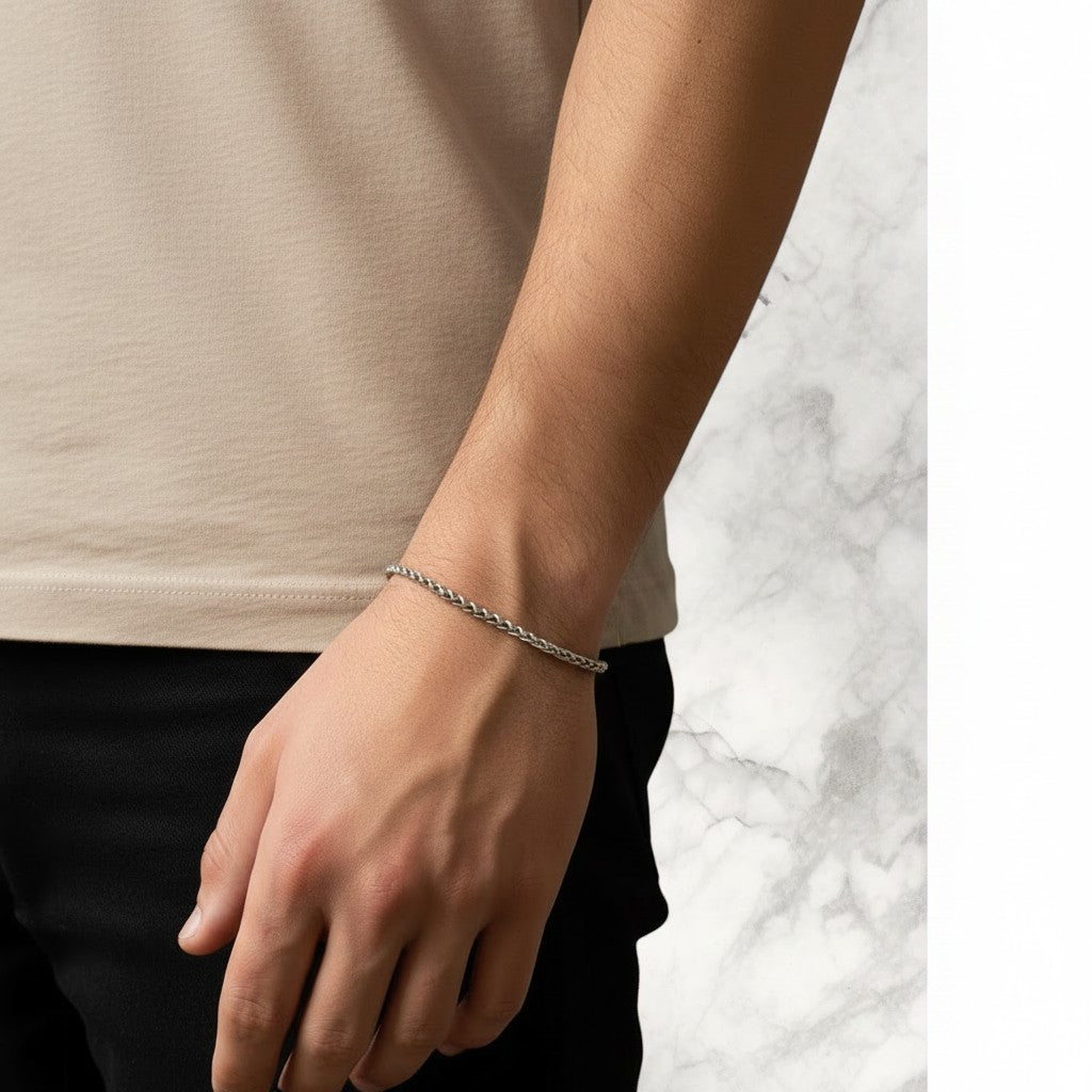 Championofgod silver wheat chain bracelet for men, 3mm width, classic braided design.