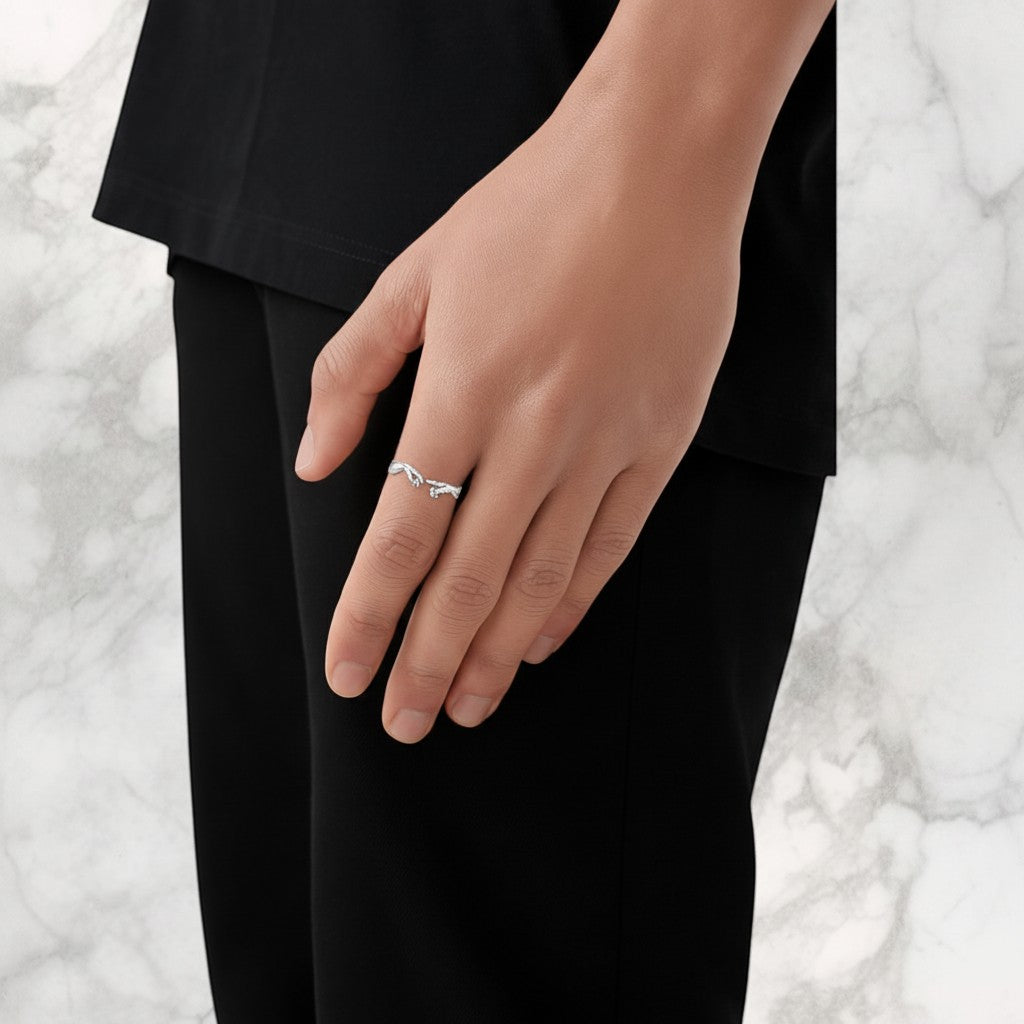 Championofgod silver ring with two hands reaching for each other, inspired by Michelangelo's The Creation of Adam.